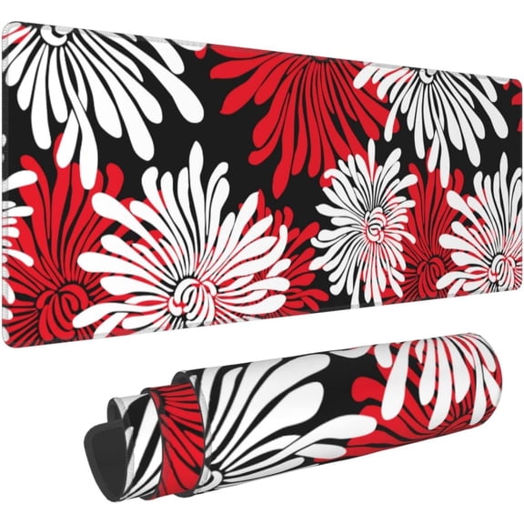 Red Black White Abstract Floral Large Mouse Pad Desk Mat Non-Slip Keyboard Pad 31.5x11.8 Inch Extended Gaming Mouse Mat