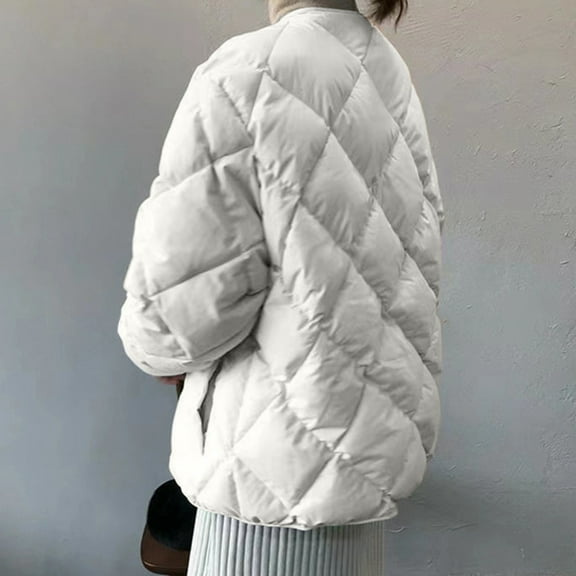 Augper Women's Short Solid Lightweight Cotton Jacket Loose Rhombus Thickened Jacket