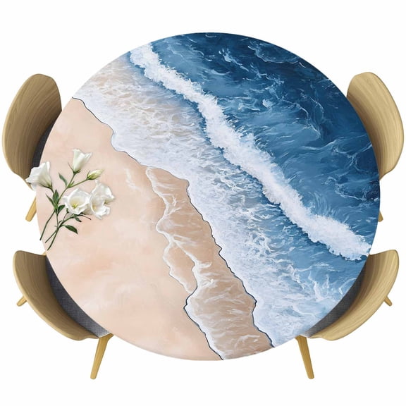 Round Fitted Tablecloths with Elastic Edge Watercolor Modern Seaside Beach Oil-Proof Waterproof Wipeable Table Cover for Kitchen Dining Party Decor Sea Wave Gradient Art Table Clothes,36" - 44"