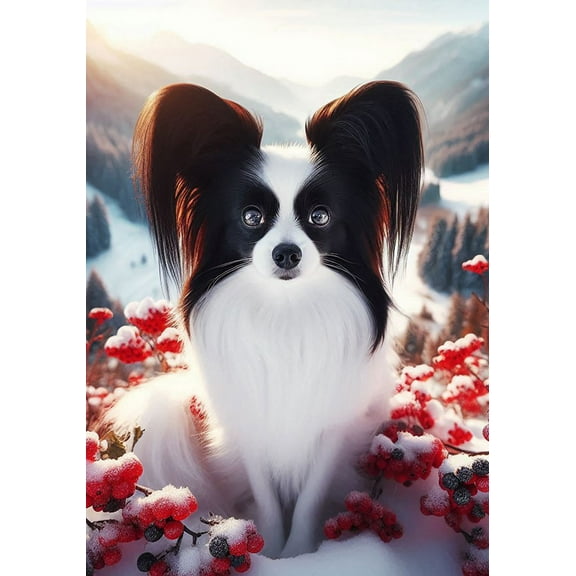 Papillon Black and White -  Best of Breed DCR Winter Berries Garden Flag