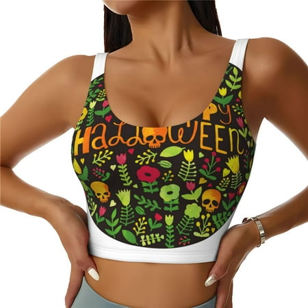 Adobk Happy Halloween Floral Print Sports Bras for Women Longline Workout Crop Tank Tops Padded with Built in Shelf Padded Sports Bra-Medium