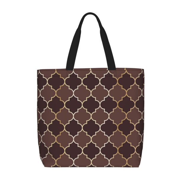Fotbe Brown Gold Grid Bolsa Tote con Estampado para Mujer, Bolsos con Cremallera, Bolsa de Hombro Casual de Gran Capacidad con Bolsillos Internos