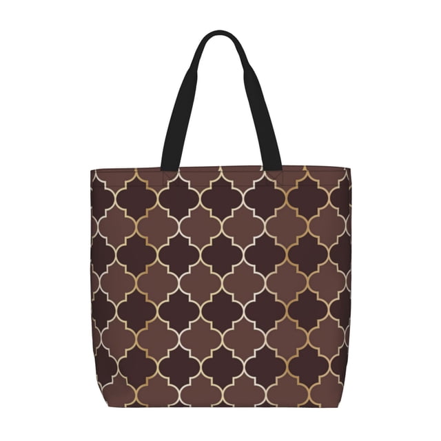Fotbe Brown Gold Grid Bolsa Tote con Estampado para Mujer, Bolsos con Cremallera, Bolsa de Hombro Casual de Gran Capacidad con Bolsillos Internos