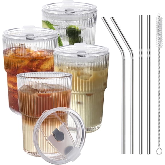 4 Pcs Iced Coffee Cups, 13 oz Reusable Glass Tumbler with Lids and Straws for Home Office Travel