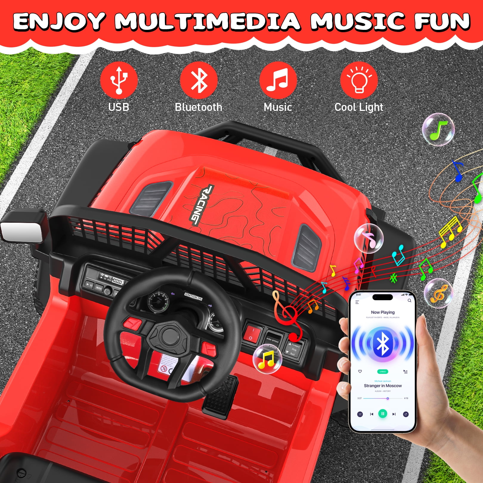 Funcid 12 Volt Ride on Toys for Toddlers Ride on Cars with Remote Control, Battery Powered Ride on Truck Car w/ Bluetooth Music, LED Lights, Spring Suspension, 3 Speeds, Red