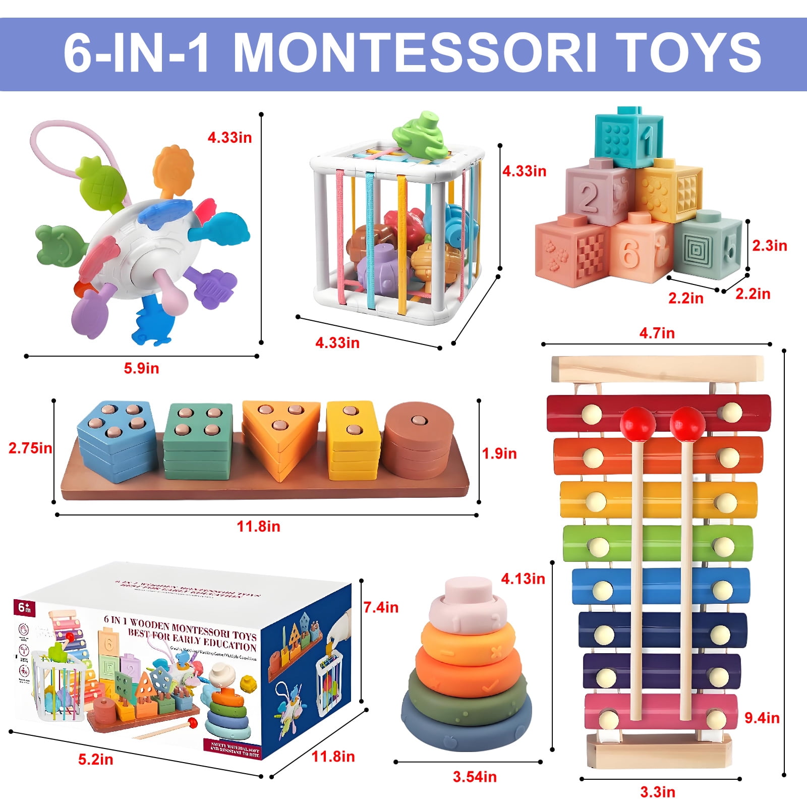 Rirool 6-in-1 Montessori Baby Toys for 1 Year Old, Wooden Stacking Blocks, Shape Sorter, Xylophone, Teething Toys for Babies 6-12 Months, Toddler Learning Gift