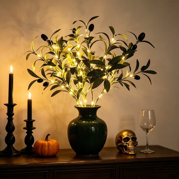 Artificial Foliage Twig Lights, Simulation Olive Style Branch Ornament with Bead Lights, Living Room Window Sill Indoor Gathering Decoration