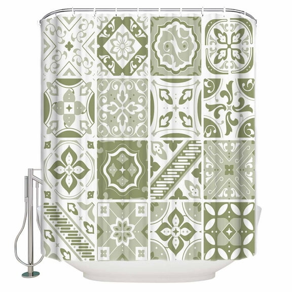 Fabric Shower Curtain, Sage Green Floral Geometric Tile Shower Curtains with 12 Hooks Waterproof Machine Washable Bath Curtains for Bathroom, 48x 72in