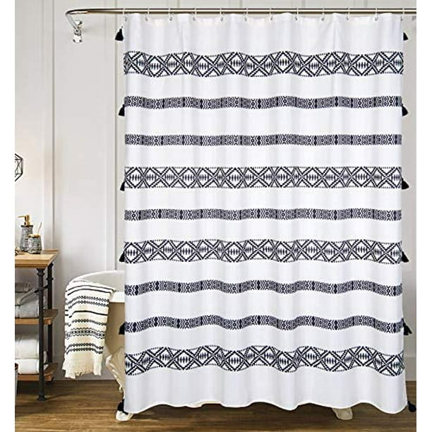 Tassel Fabric Shower Curtain Black And, White Shower Curtain With Tassels