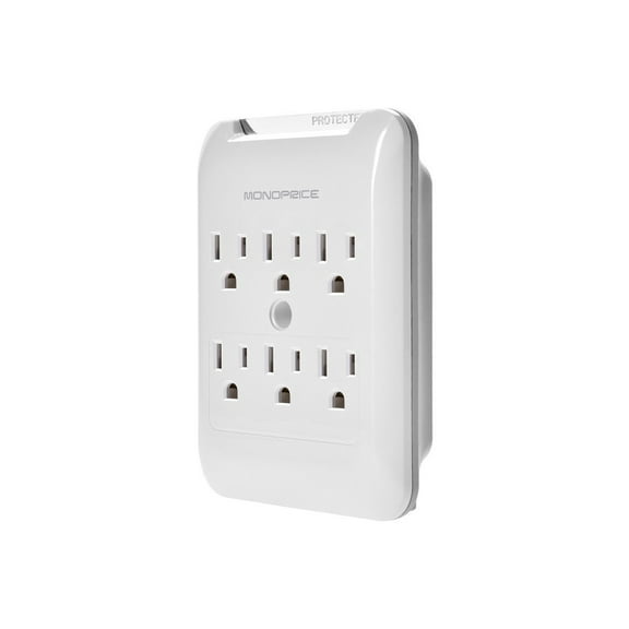 Monoprice Power & Surge - 6 Outlet Surge Protector Slim Wall Tap - White | UL Rated, 540 Joules With Protected Light Indicator