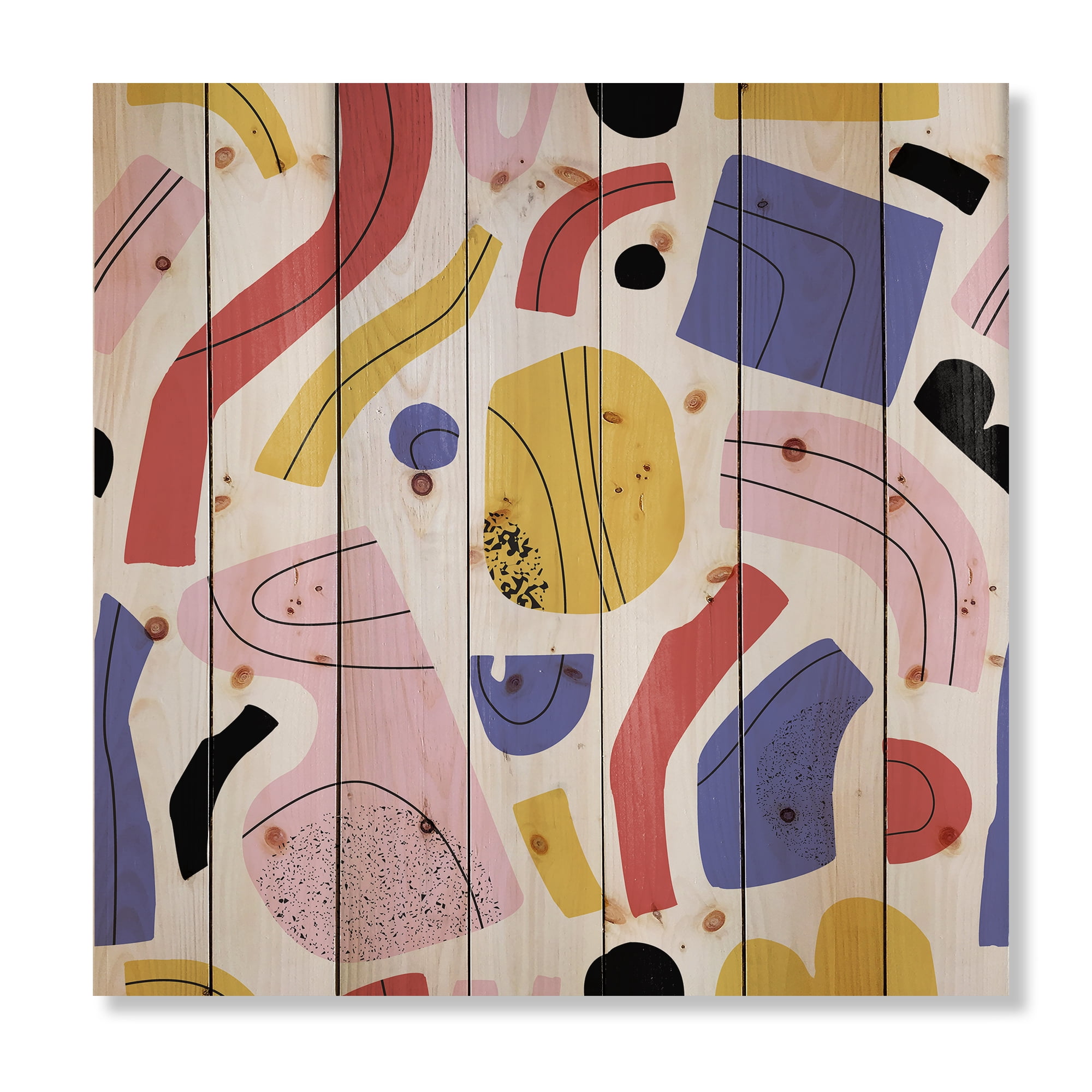 Designart 'Organic and Elements In Pink Yellow and Red' Modern Print on Natural Pine Wood