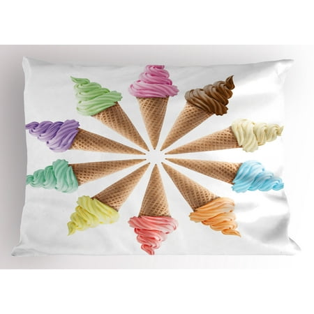 Pictures Ice Cream Cones - Ice Cream Pillow Sham Cones with Various Flavors Forming a Stylish Row Summer Season Picture Print, Decorative Standard Queen Size Printed Pillowcase, 30 X 20 Inches, Multicolor, by Ambesonne