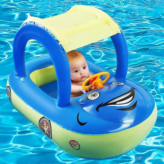Baby Inflatable Pool Float With Canopy, Car Shaped Swim Float Boat For Infant Toddler Kids