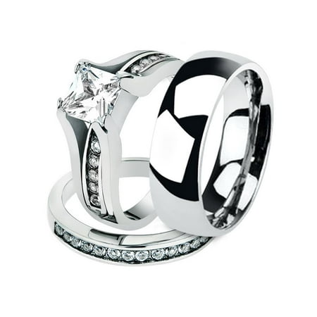 His and Hers Stainless Steel Princess Wedding Ring Set and Classic Wedding Band Women's Size 10 Men's 04mm Size 12