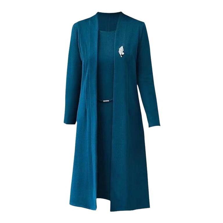 2 Pcs/Set Women Coat Dress Suit Long Sleeves Mid Length Solid Color Jacket  Sleeveless Round Neck A-line Midi Dress Plus Size Formal Business Style  Banquet Outfit - Walmart.com