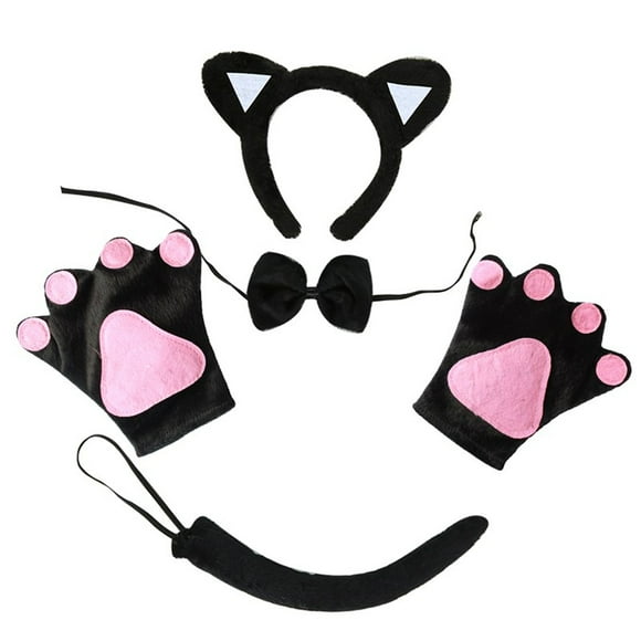 Juego de 5 piezas de disfraz de gato, diadema con orejas de gato, pajarita de gato, cola de gato, guantes con forma de pata de gato para decoración de fiesta de disfraces de Halloween
