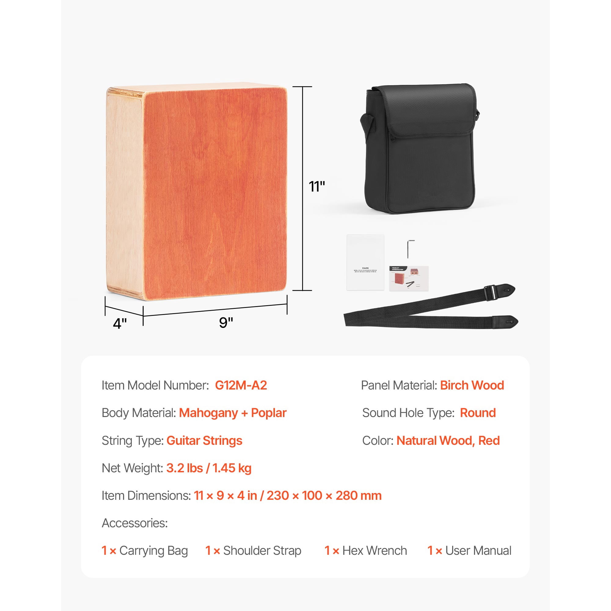 KFFKFF Cajon Box Drum with Internal Guitar Strings, Compact Wooden Percussion Instrument, Portable Birch Wood Drum with Travel Bag and Adjustable Strap, Ideal for Beginners and Professionals