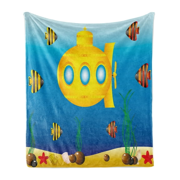 Yellow Submarine Soft Flannel Fleece Throw Blanket, Nautical Theme a Submarine Surrounded by Fish and Sea Grass Print, Cozy Plush for Indoor and Outdoor Use, 50" x 70", Blue and Yellow, by Ambesonne