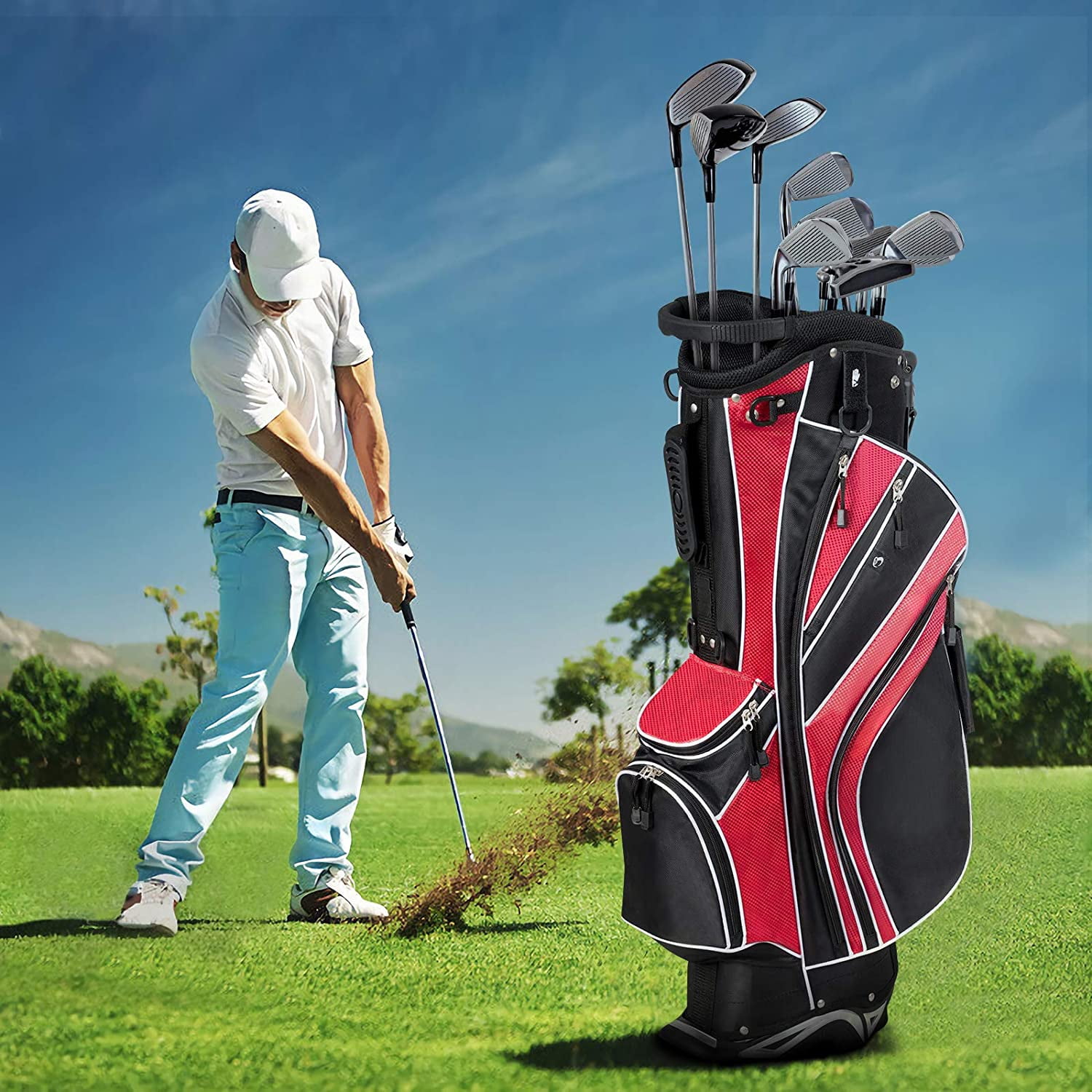 Neatifyes Golf Stand Bag with 6 Way Top Dividers, Lightweight Golf Bag with Adjustable Dual Strap & 8 Pockets, Waterproof Rain Hood, Portable for Men Women
