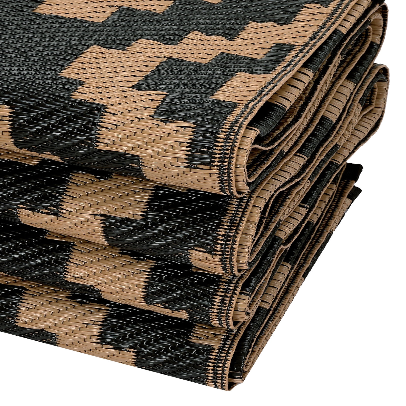 GlowSol Outdoor Rug 9'x12' Waterproof Patio Rug Reversible Outdoor Geometric Carpet Plastic Straw Rug for Patios Balcony Beach Deck Camping Porch RV, Black Brown
