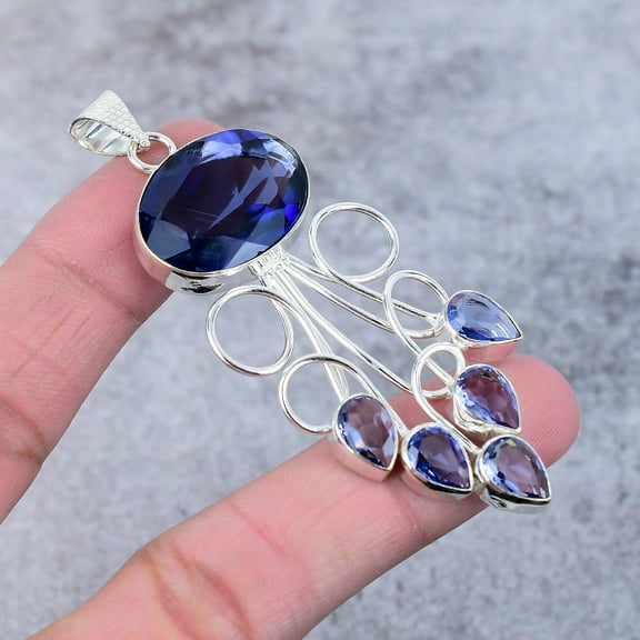 Iolite Quartz Gemstone Handmade 925 Steling Silver Jewelry Pendant 3.15"