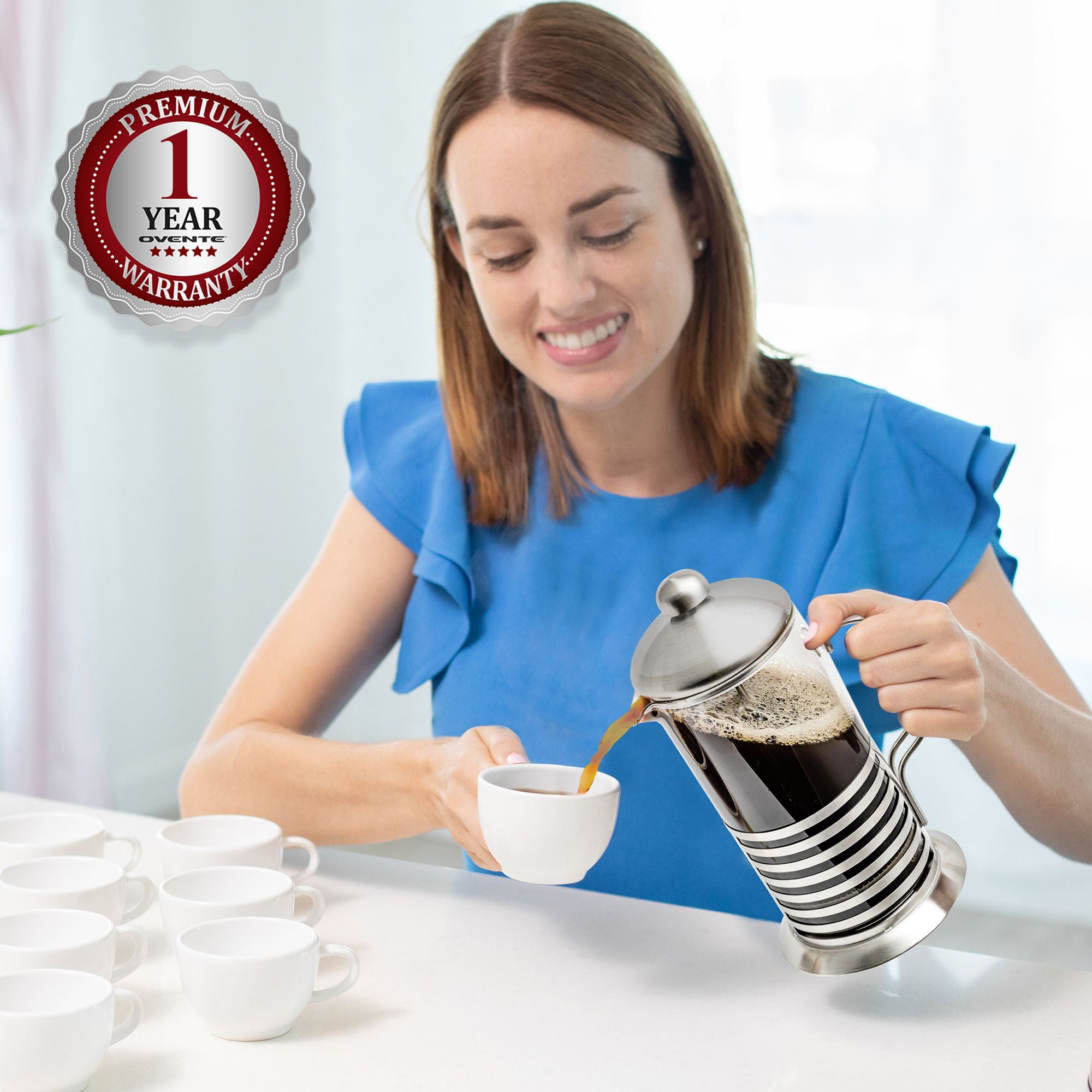 OVENTE 34 Ounce French Press Carafe Coffee & Tea Maker with Scoop, Easy to Clean, Silver FSH34S