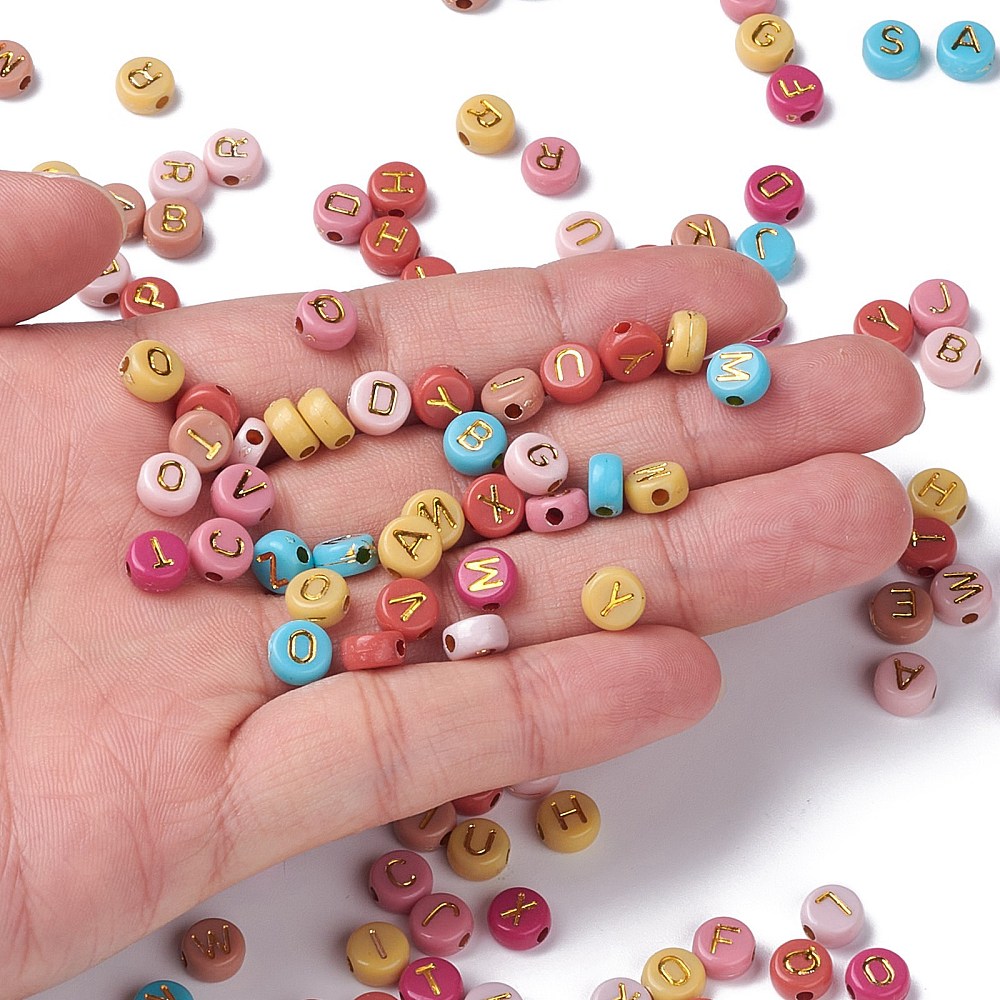 500gs Opaque Mixed color Acrylic Beads Metal Enlaced Flat Round with Random Letters Golden 7x4mm Hole: 1.8mm about 3700pcs/500g