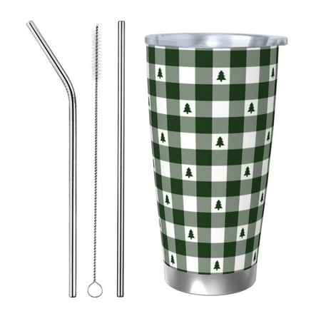 

Qekee Green White Christmas Tree Lumberjack Plaid Print 20OZ Car Cup Stainless Steel Vacuum Insulated Tumbler Tumbler Cup With Lid And Straw Travel Coffee Mug-Straw Three-piece Set