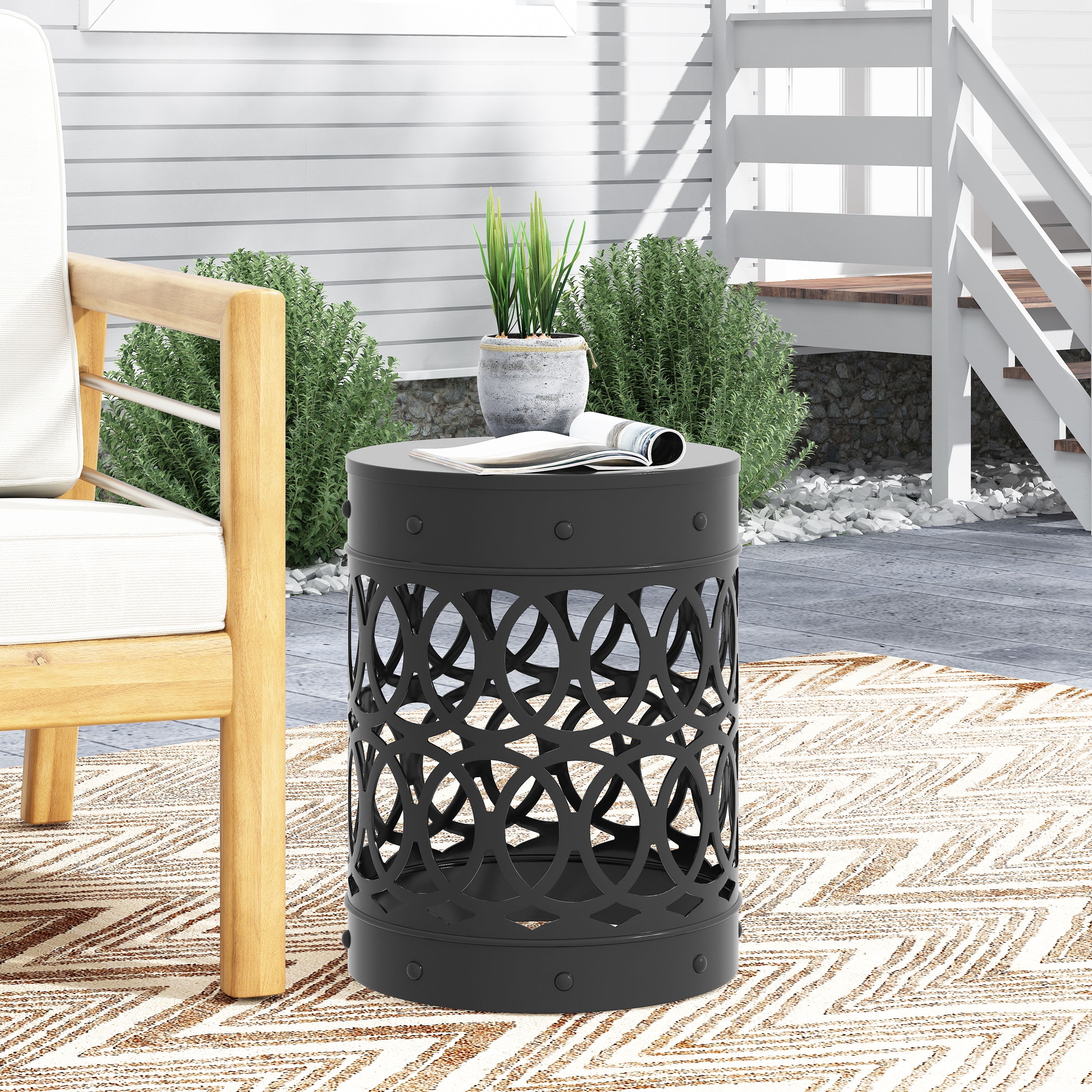 Mintazer Outdoor Metal Side Table, Modern Iron Cut PatioTable with Overlapping Circle Pattern, Black