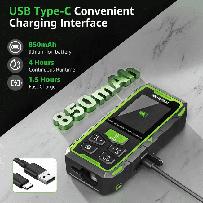 Huepar 393Ft Dual Green Laser Distance Measure, Rechargeable Digital Tool, LCD Backlit, 6 Units (Ft/In/M), Length/Area/Volume/Angle Sensor