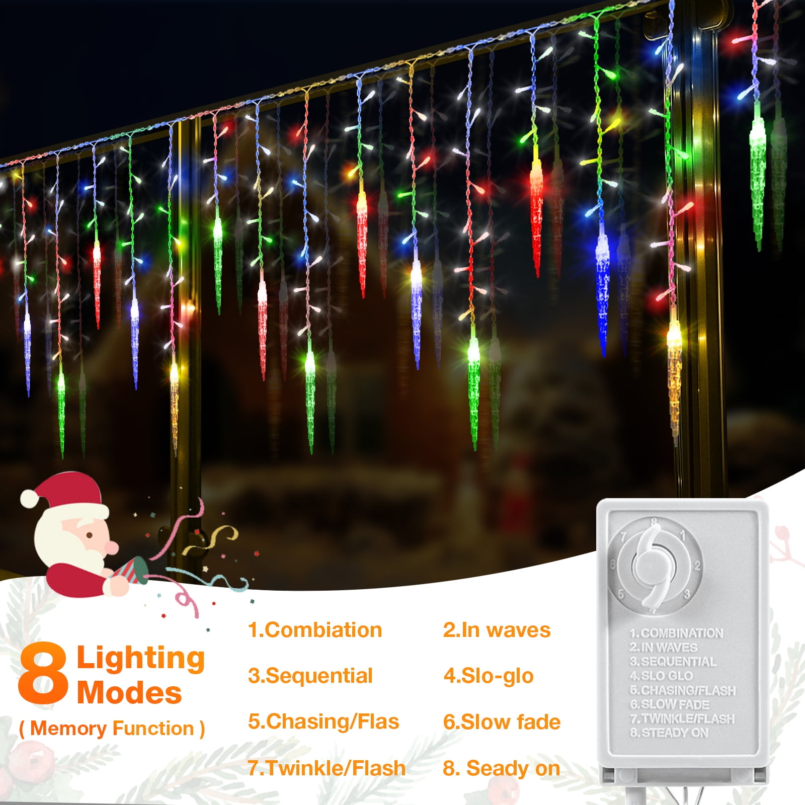 DONGPAI Christmas Icicle Lights, 11.5Ft 96 LED 8 Modes Icicle String Lights with 16 Drops Window Curtain Fairy Lights Outdoor Indoor for Christmas Wedding Holiday Decor
