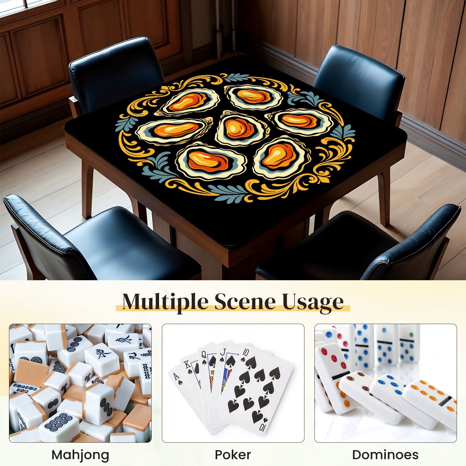 Mahjong Mat 31.5" x 31.5" Elegant Oyster Ornate Floral Border Non-Slip Noise Reduction Mahjong Tiles Table Cover for Dominoes Poker Card Board and Tile Games
