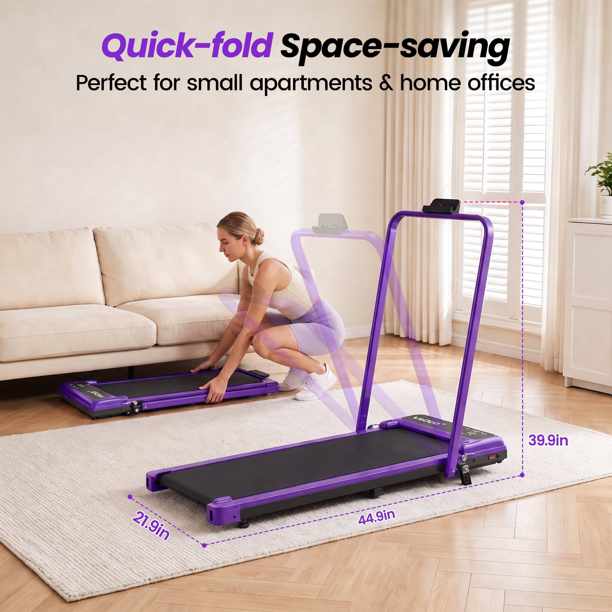 Walking Pad Treadmill with Handle Bar & 6% Adjustable Incline, Foldable Portable Treadmills for Home Office, Quiet Under Desk Treadmill, Purple