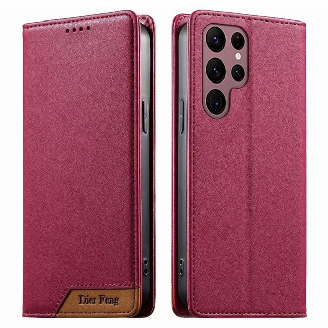 Funda Tipo Cartera de Cuero Sintético para Samsung Galaxy S22 Ultra Bloqueo RFID, con Ranuras para Tarjetas y Bolsillo para Efectivo, Cierre Magnético Fuerte Rojo