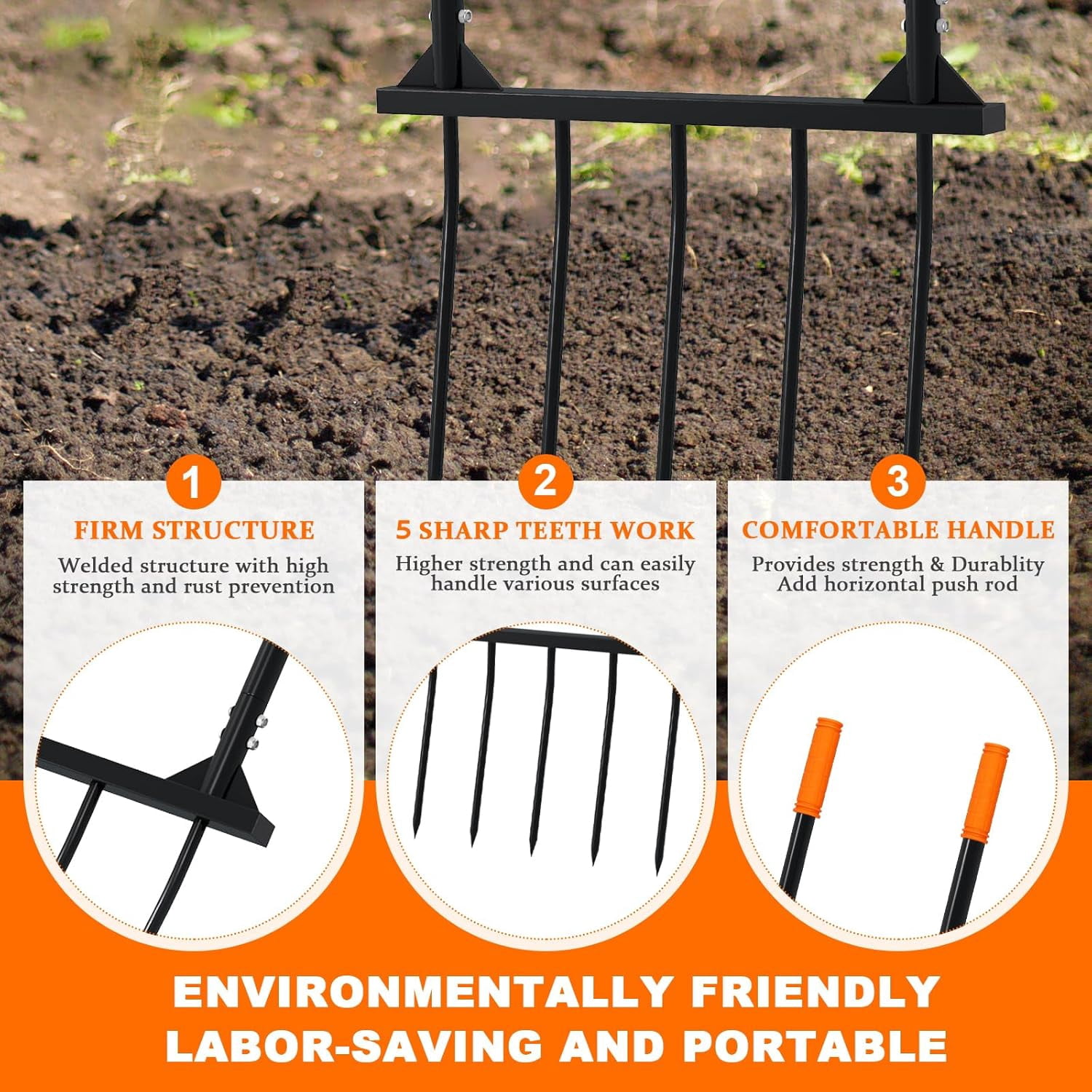 Broad Fork Garden Tool, Ergonomic Design - for Farms, Gardens, Vegetable plots, for Easy Turning of The Soil, Removal of Weeds, 5 Wide Fork Hand Cultivator Black