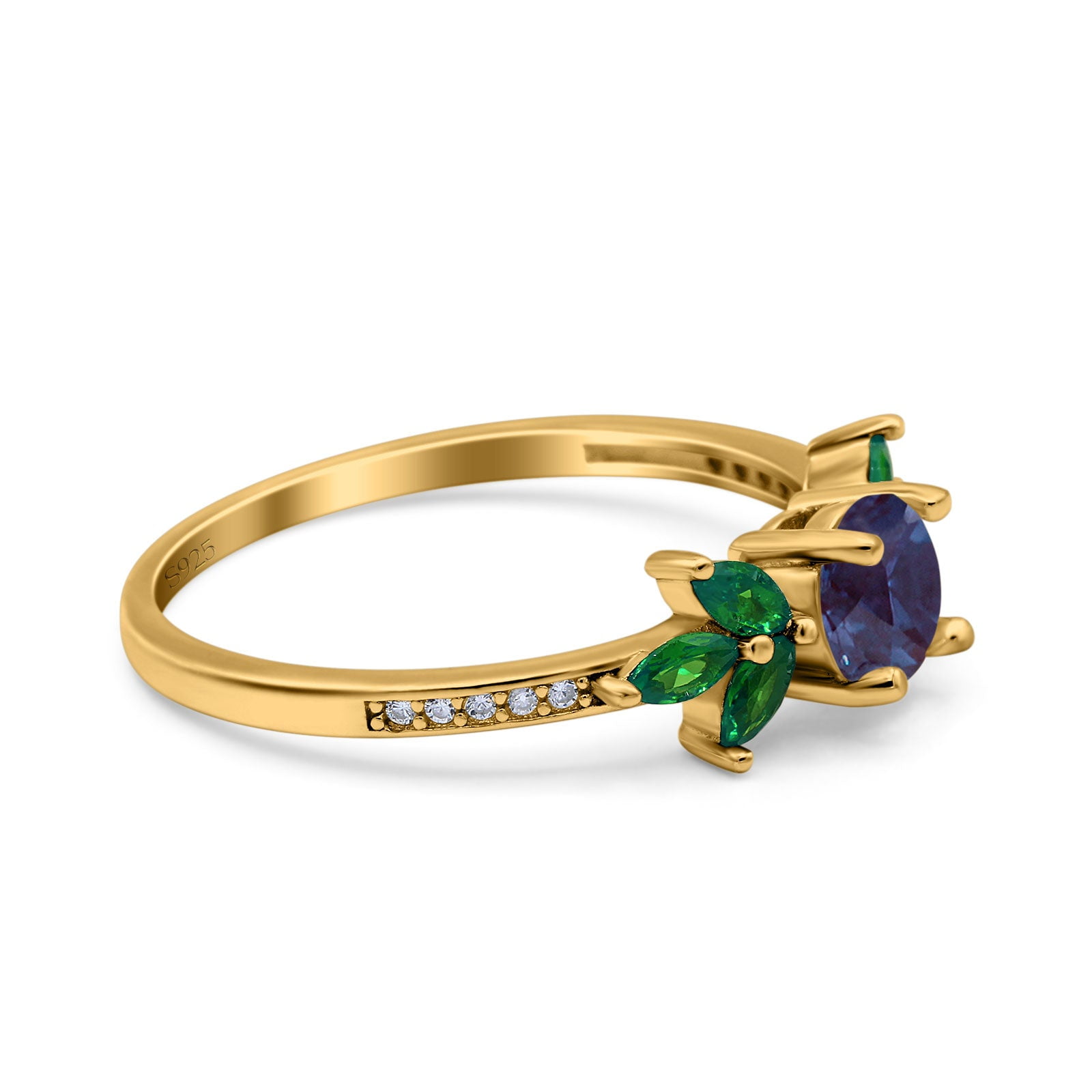 Lab Alexandrite Yellow Tone Silver Size-7 Art Deco Round Floral Vintage Leaf Style Marquise Green Emerald CZ Wedding Engagement Rings For Women 925 Sterling Silver Gifts For Her