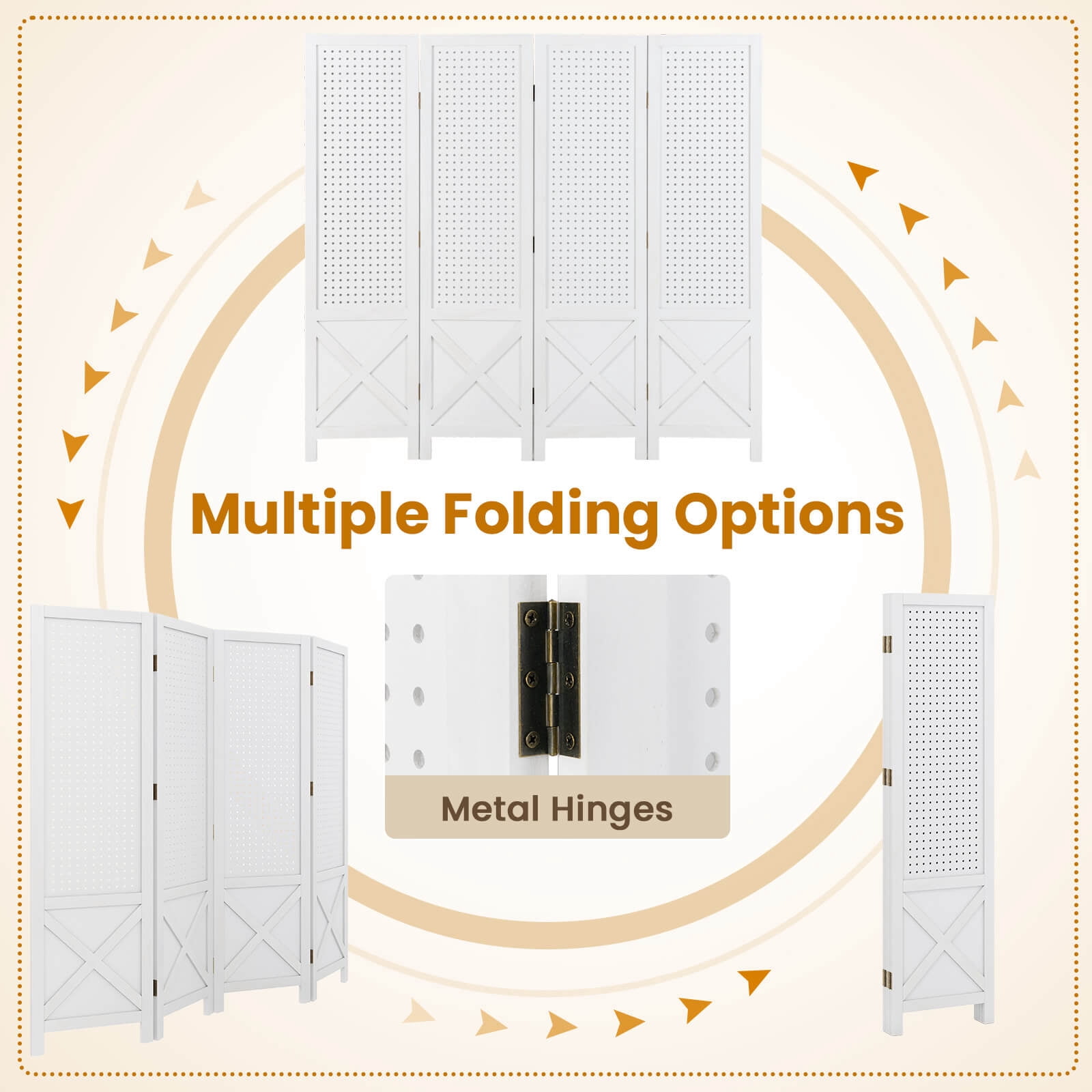 Costway 4-Panel Pegboard Display Stand, 4.7 FT Folding Room Divider, Freestanding Screen White