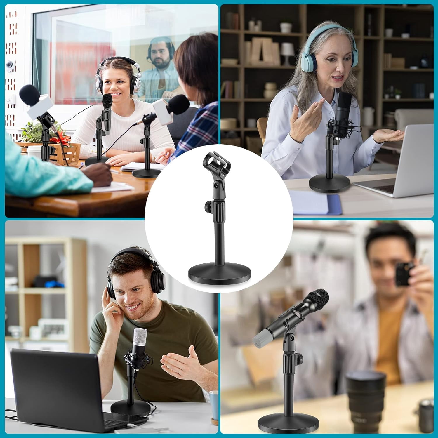 4 Pcs Desktop Mic Stand Adjustable Microphone Desk Stands with Metal Round Base for Table Interviews Black