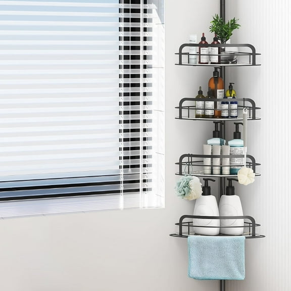 iMounTEK Heavy Duty Corner Shower Caddy with 4-Tier Adjustable Shelves 34-116 inch Adjustable Tension Pole Shower Organizer Caddy