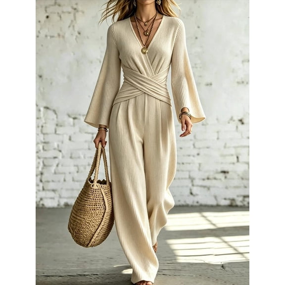 SHEIN Women's Solid Color V-Neck Pleated Casual Daily Jumpsuit