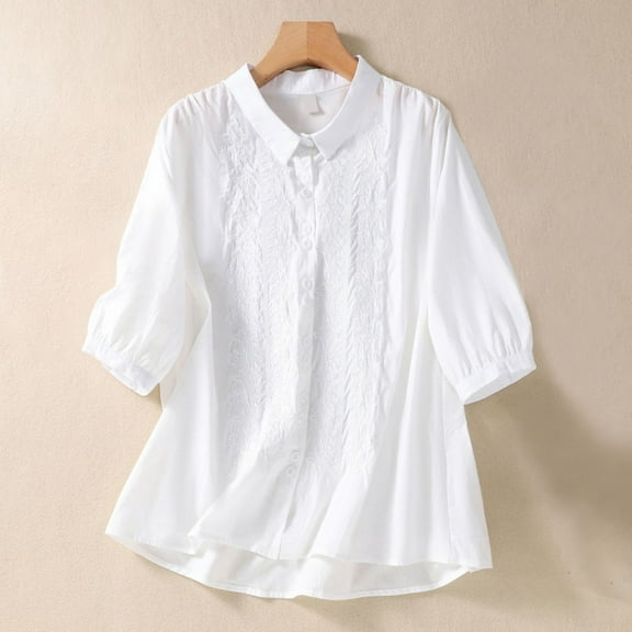Njoeus Short Sleeve Shirts for Women, Blouses for Women Dressy Casual Linen Shirts for Women Button Up Boho Embroidered Tunic Tops Casual 3/4 Sleeve Dressy Blouses Lightweight Summer T-Shirt M-XXL