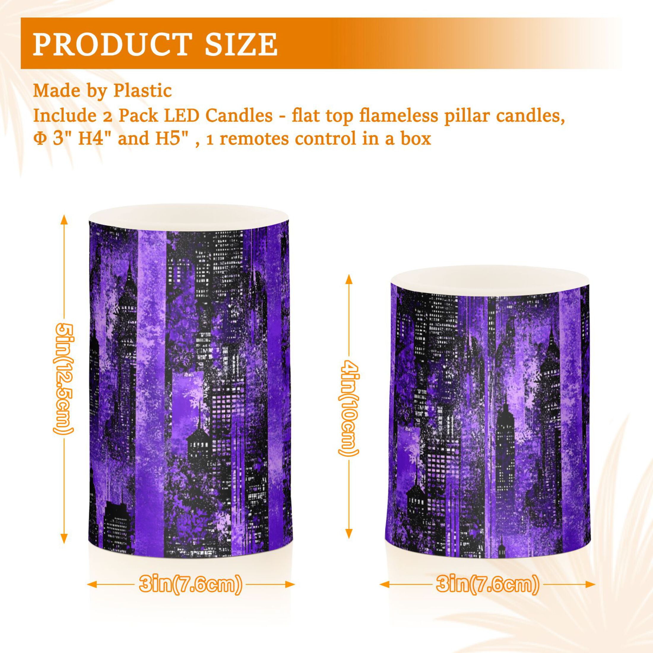 Modern Purple Cityscape Pattern Flameless LED Candle Set with Remote, Battery Operated Color Changing Pillar Candles, Set of 2