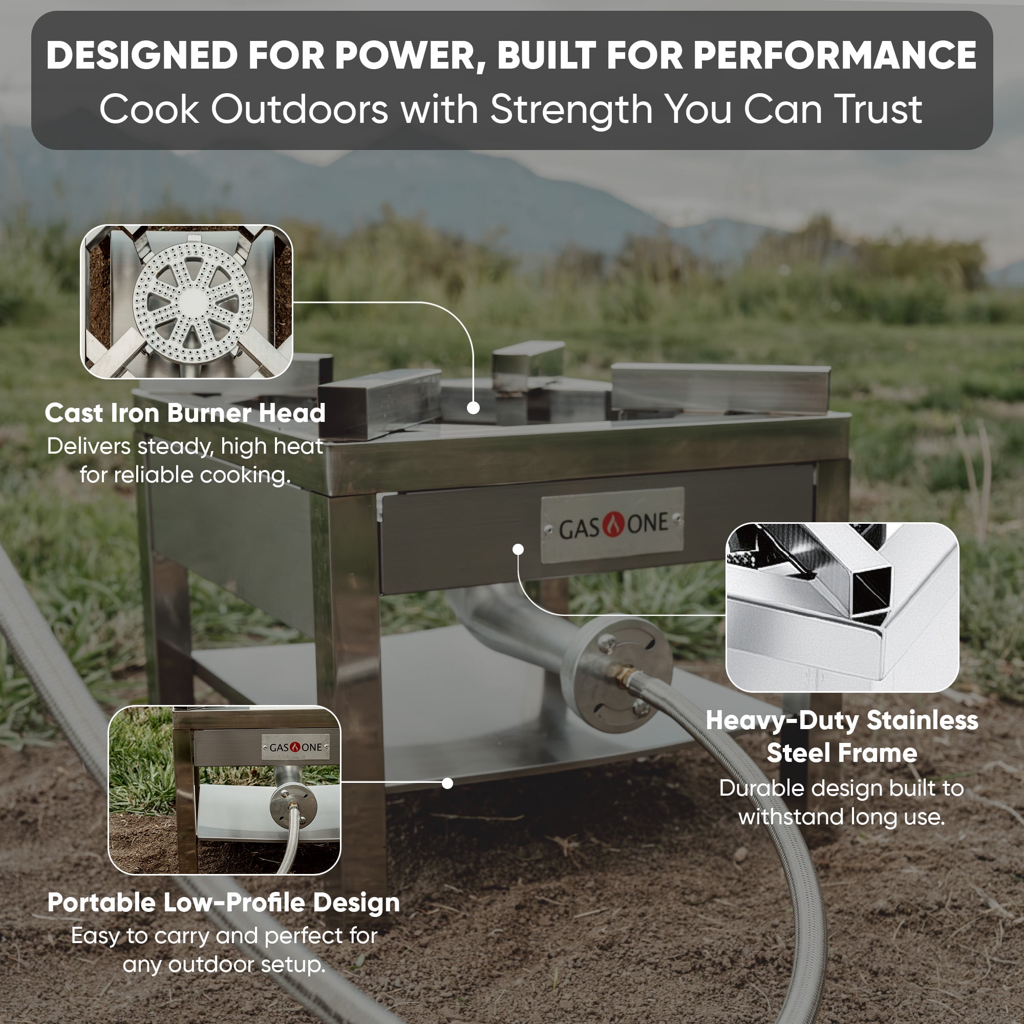 GasOne Stainless Steel Propane Burner Cooker With Regulator with Steel Braided Hose For Outdoor Cooking, Turkey Fry