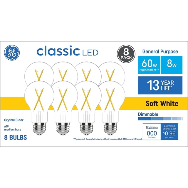 Bombilla LED GE de 60 W, luz blanca suave, 2700 K, regulable, paquete de 8