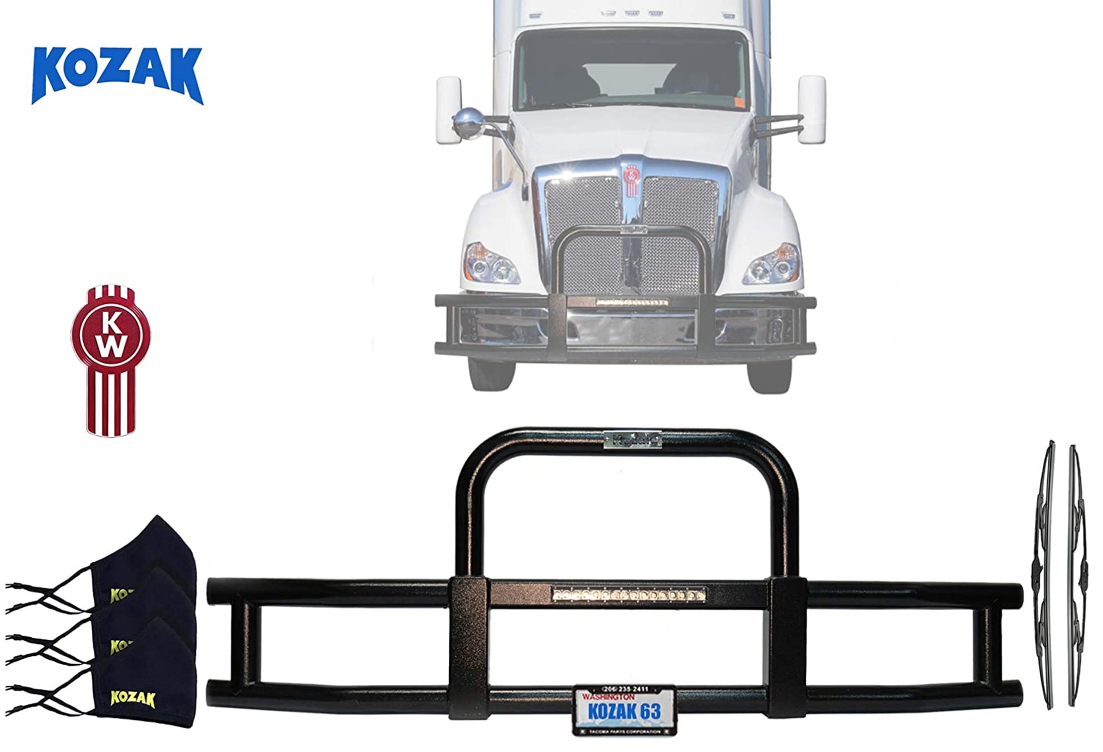 Frame Logo Windshield Wipers and Chrome Door Mirror Covers Kenworth T-680 Frontal Semi Truck Bumper Guard Deer Grill Guard Moose Mounting Brackets License Plate Holder
