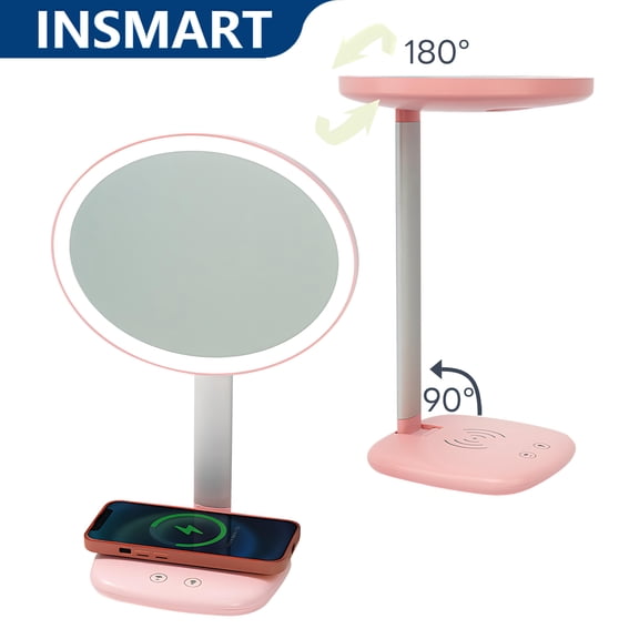 INSMART Makeup Mirror with Lights,3-Color Lighted Vanity Mirror with Wireless Charging,60° Rotation,Touch Control,for Home Bedroom Travel,Pink