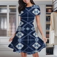 thumbnail image 2 of Indigo Blue Geometric Textile Pattern Women's Classic Swing Skater Dress Casual Work Party Cocktail Dresses, 2 of 6