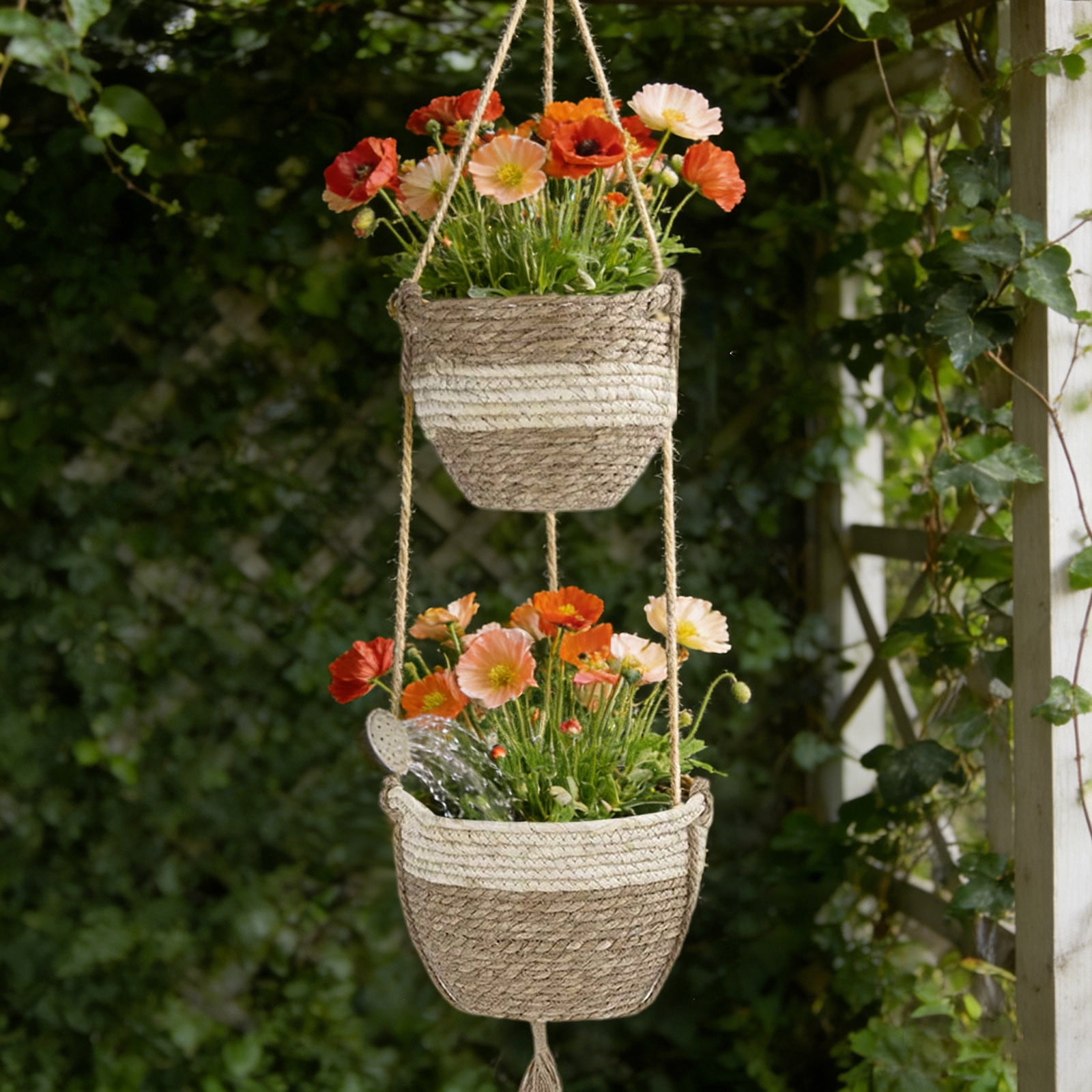 2-Tier Woven Hanging Planter - Double Layer Macrame Hanger with Natural Fiber Baskets, Boho Decor for Indoor/Outdoor Garden, Patio & Balcony (3 Styles)