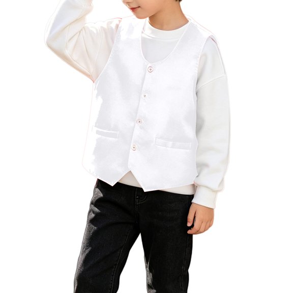 GiLiling Boys Formal Vest Elegant Speech Recital Wedding Party V-neck Button Up with Pockets Outfit for Kids (White, 8-10 Years)