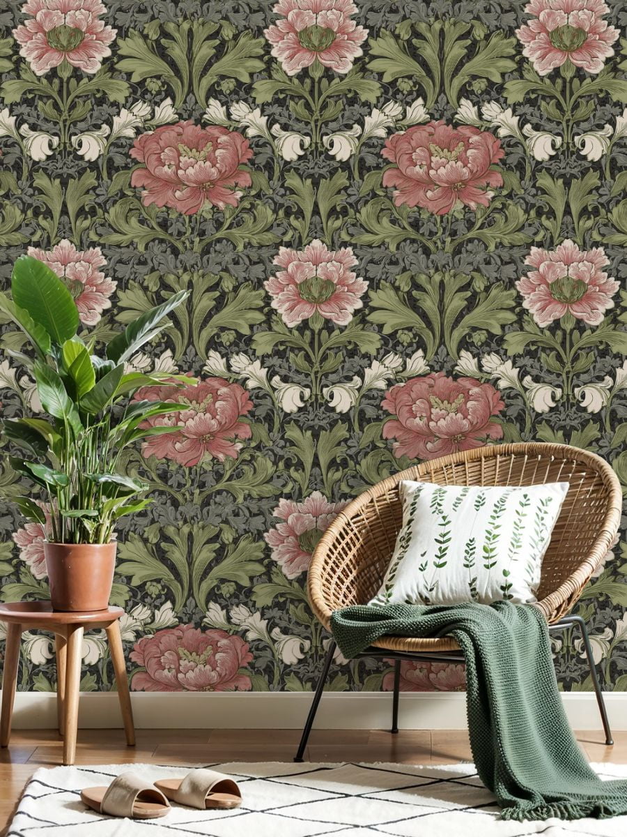 Farmhouse Peel and Stick Wallpaper Vintage Floral Peonies Ornate Leaves Dark Wall Mural 23.6in x 9.8ft Self Adhesive Removable Wall Paper Renter Friendly Wallpaper for Nursery Bedroom Cabinets